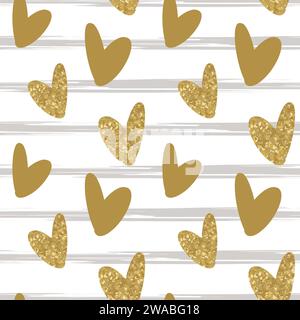 Handgezeichnete goldene Glitzer-Herzen auf Pinselstreifen. Niedliches nahtloses Muster, Vektor-Illustration Stock Vektor