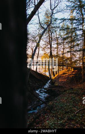 Die majestätische Brücke überspannt einen Fluss bei Sonnenaufgang. Stockfoto
