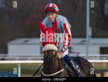 Jockey Billy Loughnane geht zum Posten auf der Wolverhampton Racecourse Stockfoto