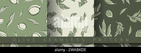 Set aus nahtlosem Muster mit Olivenzweig im Minimal Liner Style. Vektor Blumen Hintergründe für Hochzeitseinladungen, Grußkarten, Druck auf Stoff, Stock Vektor