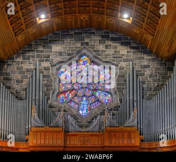 Innenansicht der Pfeifenorgel und Buntglasrosen in der Kathedrale von Galway, Galway, Provinz Connacht, Irland. Stockfoto