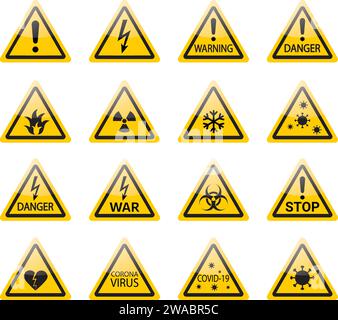 Sammlung von Vektorsymbolen, die Warnungen und Warnungen vermitteln – Symbole für Vorsicht, Aufmerksamkeit und Sicherheit in gelben Dreiecken. Stock Vektor