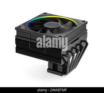 Schwarzer flacher Computerprozessor-Kühler auf weißem Hintergrund Stockfoto