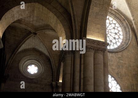 Tarragona, Spanien - 14. Januar 2022: Die Innenräume der Kathedrale von Tarragona verströmen eine mystische Atmosphäre mit farbenfrohen Buntglasfenstern und Monumenten Stockfoto