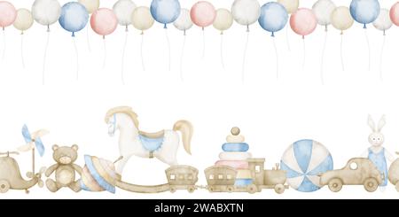 Babyspielzeug mit Ballonrand. Aquarellmuster für Hintergrundbilder. Handgezeichneter Kinderrahmen mit Schaukelpferd und Teddy in pastellblauen Farben. Illustration für die Neugeborenen-Dusche. Stockfoto