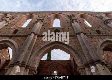 Innenwand des Kirchenschiffs der ruinierten und verlassenen Zisterzienserabtei San Galgano in der Toskana, Italien Stockfoto