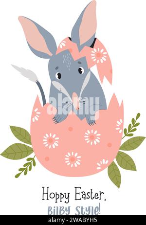 Süßer osterbilby in Ei, australisches Tier ist wildes Säugetier. Ostergrußkarte. Vektor-Illustration in flachem Cartoon-Stil Stock Vektor