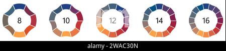 Kreisförmige Form, die in Segmente unterteilt ist, Version mit 8 bis 16 Teilen, kann als Infografik-Element verwendet werden Stock Vektor