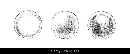 Handgezeichnete schattierte Kugeln. Einfache Skizzen von Kreisen mit schwarzem Stift und Tinte mit verschiedenen Schattierungsarten. Lehrbuch Schattierung, Handskizze Stock Vektor