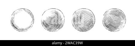 Handgezeichnete schattierte Kugeln. Einfache Skizzen von Kreisen mit schwarzem Stift und Tinte mit verschiedenen Schattierungsarten. Lehrbuch Schattierung, Handskizze Stock Vektor