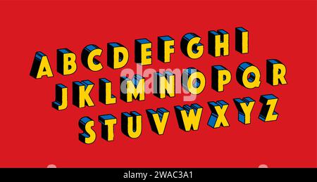 Das SUPER Alphabet. 3D-Effekt Design Buchstaben und Zahlen. Retro Comic Typografie. Handgezeichnete Zeichentrickvektorschriftart. Stock Vektor