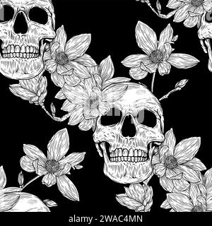 Nahtloses Muster mit Schädel und Magnolienblume im Hintergrund. Romantische Illustration. Vektorabbildung. Stock Vektor