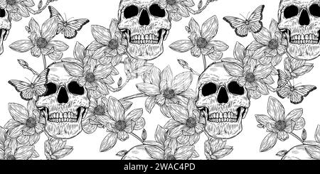 Nahtloses Muster mit Schädel und Magnolienblume im Hintergrund. Romantische Illustration. Vektorabbildung. Stock Vektor