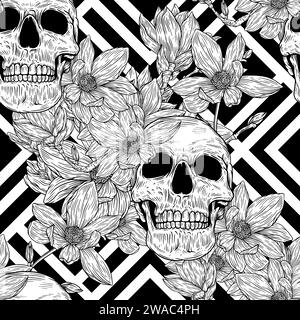 Nahtloses Muster mit Schädel und Magnolienblume im Hintergrund. Romantische Illustration. Vektorabbildung. Stock Vektor