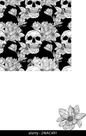 Nahtloses Muster mit Schädel und Magnolienblume im Hintergrund. Romantische Illustration. Vektorabbildung. Stock Vektor