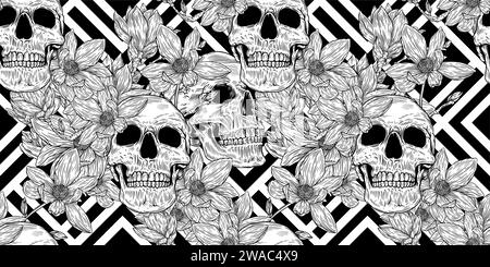 Nahtloses Muster mit Schädel und Magnolienblume im Hintergrund. Romantische Illustration. Vektorabbildung. Stock Vektor