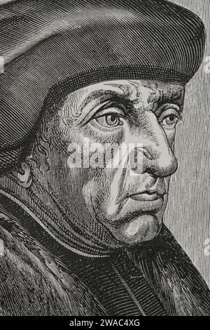 Erasmus (ca. 1466-1536). Niederländischer Theologe, Philosoph und Humanist. Hochformat. Details. Gravur. Sciences & Lettres au Moyen Age et à l'époque de la Renaissance. París, 1877. Stockfoto