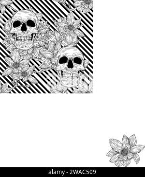 Nahtloses Muster mit Schädel und Magnolienblume im Hintergrund. Romantische Illustration. Vektorabbildung. Stock Vektor
