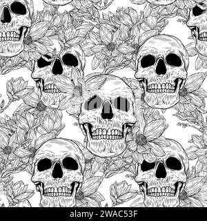 Nahtloses Muster mit Schädel und Magnolienblume im Hintergrund. Romantische Illustration. Vektorabbildung. Stock Vektor