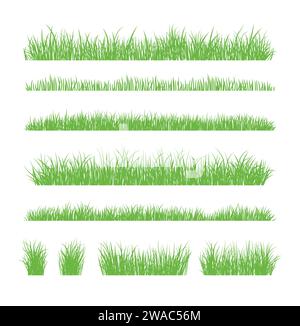 Grüne Grassilhouette. Zeichentricklinien von Pflanzen und Sträuchern zum Boarding und Rahmen, Öko- und Bio-Logo-Element. Vektorsatz Frühlingsfeld Pflanzen Sch Stock Vektor