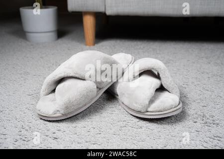 Moderne graue Hausschuhe auf dem Teppich in der Nähe des Sofas. Bequeme und bequeme Schuhe für zu Hause Stockfoto