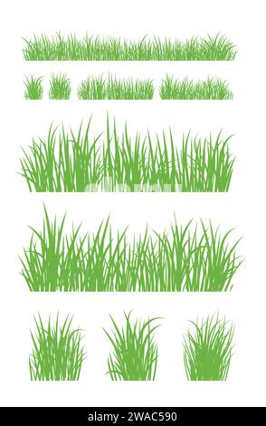 Grüne Grassilhouette. Zeichentricklinien von Pflanzen und Sträuchern zum Boarding und Rahmen, Öko- und Bio-Logo-Element. Vektorsatz Frühlingsfeld Pflanzen Sch Stock Vektor