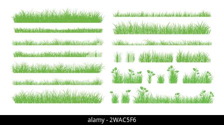 Grüne Grassilhouette. Zeichentricklinien von Pflanzen und Sträuchern zum Boarding und Rahmen, Öko- und Bio-Logo-Element. Vektorsatz Frühlingsfeld Pflanzen Sch Stock Vektor