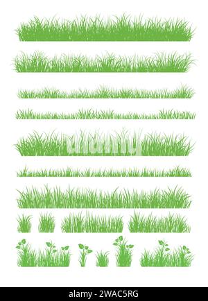Grüne Grassilhouette. Zeichentricklinien von Pflanzen und Sträuchern zum Boarding und Rahmen, Öko- und Bio-Logo-Element. Vektorsatz Frühlingsfeld Pflanzen Sch Stock Vektor
