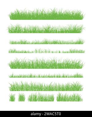 Grüne Grassilhouette. Zeichentricklinien von Pflanzen und Sträuchern zum Boarding und Rahmen, Öko- und Bio-Logo-Element. Vektorsatz Frühlingsfeld Pflanzen Sch Stock Vektor
