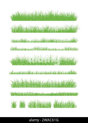 Grüne Grassilhouette. Zeichentricklinien von Pflanzen und Sträuchern zum Boarding und Rahmen, Öko- und Bio-Logo-Element. Vektorsatz Frühlingsfeld Pflanzen Sch Stock Vektor