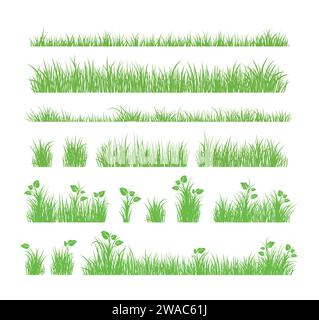 Grüne Grassilhouette. Zeichentricklinien von Pflanzen und Sträuchern zum Boarding und Rahmen, Öko- und Bio-Logo-Element. Vektorsatz Frühlingsfeld Pflanzen Sch Stock Vektor
