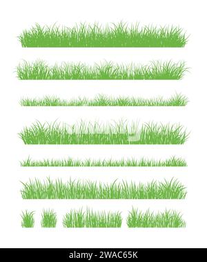 Grüne Grassilhouette. Zeichentricklinien von Pflanzen und Sträuchern zum Boarding und Rahmen, Öko- und Bio-Logo-Element. Vektorsatz Frühlingsfeld Pflanzen Sch Stock Vektor