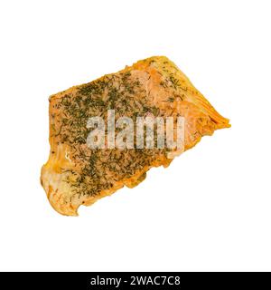 Stück gebackener Lachs, Blick von oben. Isoliert auf weißem Hintergrund mit Beschneidungspfad. Stockfoto