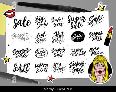 Sale Set Symbole und Schilder. Handgezeichnete Pinseltypografie mit Aufklebern (überraschte Frau, lächelnde Lippen, Lippenstift, Stern) im Pop Art Stil. Vektorillustra Stock Vektor