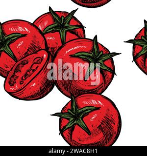 Tomatenmuster isoliert auf weißem Hintergrund. Handgezeichnet und skizziert. Vektorabbildung. Stock Vektor