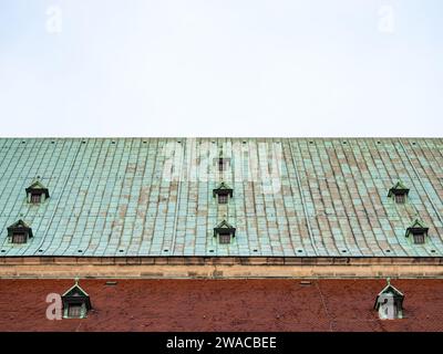 Alte Dachterrasse mit verwitterten Kupferblechen und Dachfenstern. Architekturdetail eines historischen Altbaus als abstrakter Hintergrund. Stockfoto