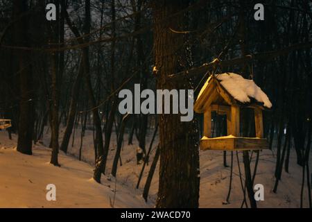 Vogelfutter im verschneiten Wald. Holzvogelhaus im Winterpark am Abend. Tierpflegekonzept. Handgefertigte Vogelfuttermittel im Schnee auf dem Baum. Stockfoto