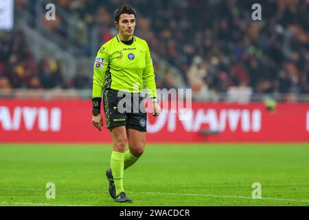 Mailand, Italien. Januar 2024. Schiedsrichter Alessandro Prontera wurde beim Fußballspiel Coppa Italia 2023/24 zwischen AC Milan und Cagliari Calcio im San Siro Stadion gesehen. Endergebnis; AC Milan 4: 1 Cagliari Calcio. (Foto: Fabrizio Carabelli/SOPA Images/SIPA USA) Credit: SIPA USA/Alamy Live News Stockfoto