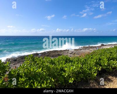 Kaimaninseln - 25. Januar 2023: Touristen, die an einem wunderschönen Tag mit blauem Himmel über das klare blaue Meer vor den Flöcken der Kaimaninseln blicken. Stockfoto