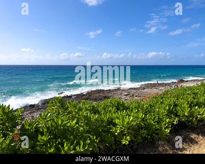 Kaimaninseln - 25. Januar 2023: Touristen, die an einem wunderschönen Tag mit blauem Himmel über das klare blaue Meer vor den Flöcken der Kaimaninseln blicken. Stockfoto