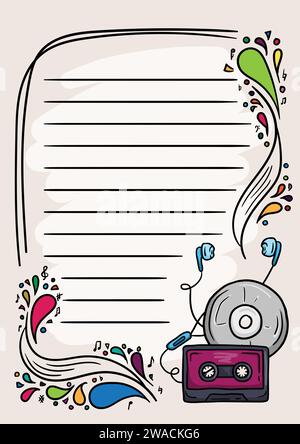 Farbenfrohe Notizbuchseite mit musikalischen Elementen und Notizen sowie leuchtenden Spritzern und Tropfen. Vorlage für Notizen und Tagebuch Stock Vektor