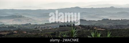 Typisch toskanische Landschaft im val d Elsa mit Hügeln und Zypressen am frühen Morgen, Italien Stockfoto