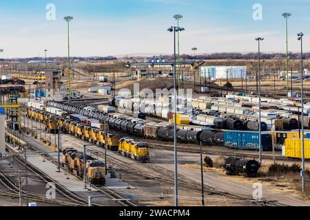 Bailey Yard, die größte Bahnklassifizierungsstelle der Welt, Union Pacific Railroad, North Platte, Nebraska, USA [keine Freigabe des Eigentums; redaktionelle Lizenzen Stockfoto