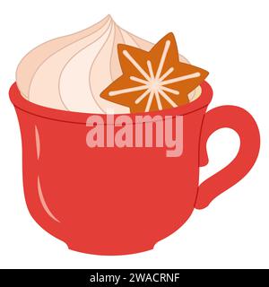 Süßer festlicher roter Becher heiße Schokolade mit Marshmallows und Lebkuchen. Eine Tasse Tee, heiße Getränke, Kakao. Weihnachtskaffeetasse in flachem Stil. Vektorabbildung Stock Vektor