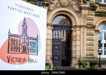 Victoria Hall, Saltaire, historisches Gebäude, eröffnet von Titus Salt, heute ein Veranstaltungsort für Hochzeiten in Bradford, West Yorkshire Stockfoto