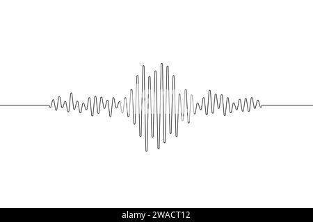 Erdbeben eine durchgehende Leitung. Polygrafie, einzeilige Kunst. Umrisswelle. Schwarzes Wellenmuster isoliert auf weißem Hintergrund. Oneline-Seismograph. Sound Stock Vektor