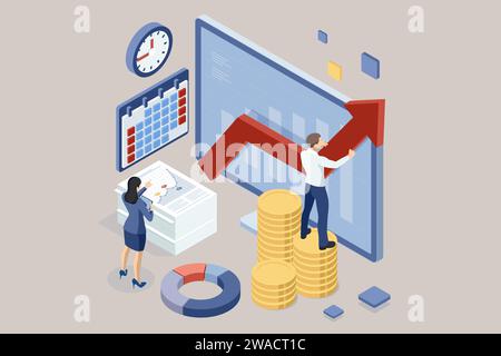 Isometrisches Expertenteam für Datenanalyse, Geschäftsstatistik, Präsentation und Brainstorming zur Strategieplanung, die das Unternehmen gewinnbringend macht Stock Vektor