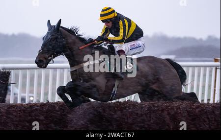 Wolf Walker und Jockey gewinnen an Silvester 2023 für Christopher Barber auf der Larkhill Racecourse, Wiltshire, Großbritannien. Stockfoto