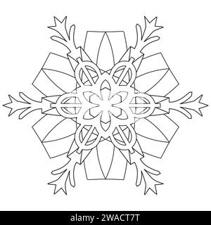 Abstraktes Mandala-Schneeflocken-Design in Schwarz und weiß. Ausmalseite für Entspannung und Meditation. Vektorabbildung Stock Vektor