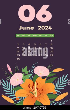 Kalendervorlage „Floral Juni 2024“. Mit bunten Blumen und Blättern. Bearbeitbare Seitenvorlage mit Illustrationen. Vektornetz. Die Woche beginnt am Sonntag. Stock Vektor